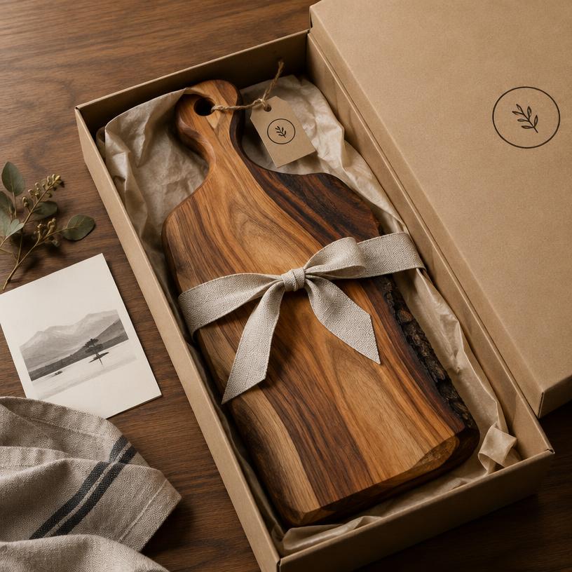 Tabla artesanal presentada en caja de regalo