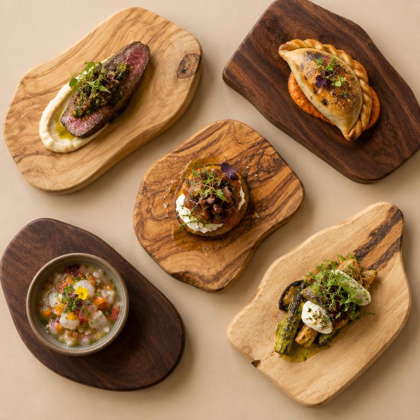 Tablas pequeñas de madera con bocados gastronómicos